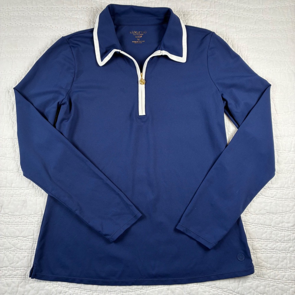 Lilly Pulitzer Frida Polo M Meryl Nylon Luxletic Golf Top Navy Long Sleeve Prepp
